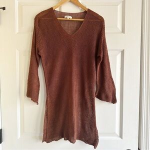 Demy Lee Y2K Small Open Knit Linen Sheer Tunic Top Sweater Brown Lagenlook